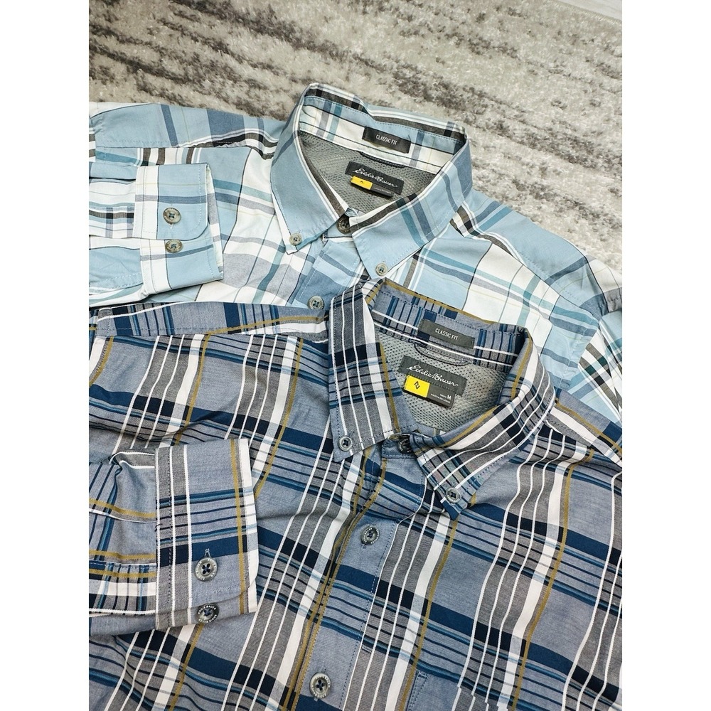 Eddie Bauer Travex Hiking Shirt Mens‎ Medium Lot 2 Blue Plaid Stretch Outdoor